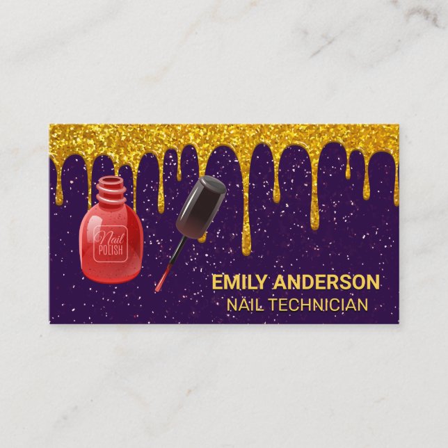 Gold Glitter Drip | Purple Glitter | Nail Polish Business Card (Front)