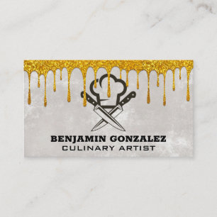 Gold Glitter Dripping   Chef Hat Knives Business Card