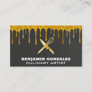 Gold Glitter Dripping Golden Whisk Knife Business Card