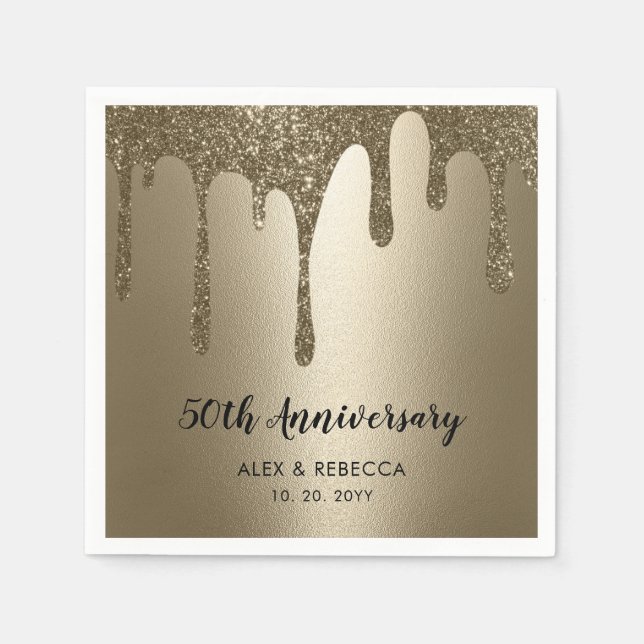Gold Glitter Drips 50th Wedding Anniversary  Napkin (Front)