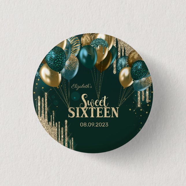  Gold Glitter Drips Balloons Green Sweet 16 1 Inch Round Button (Front)