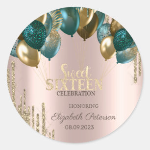 Gold Glitter Drips Balloons Rose Gold Sweet 16 Classic Round Sticker