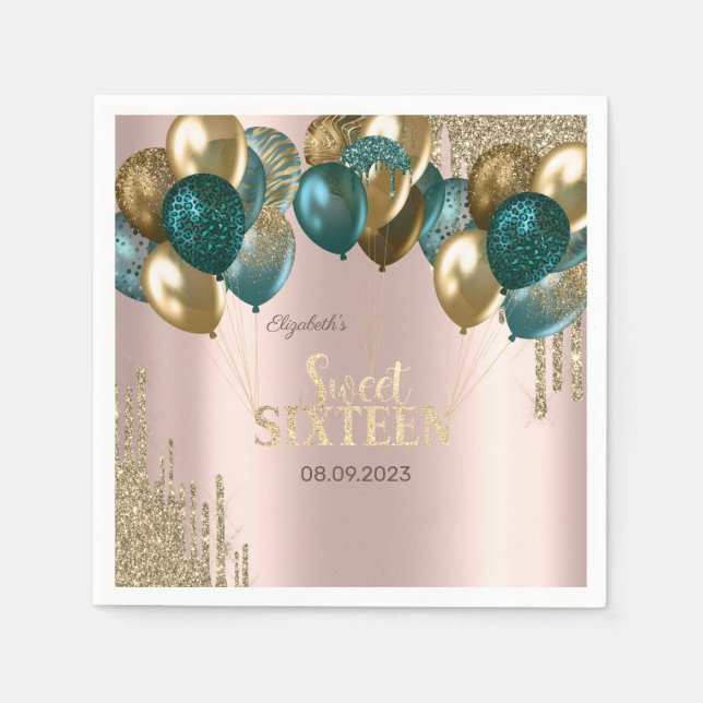  Gold Glitter Drips Balloons Rose Gold Sweet 16 Napkin (Front)