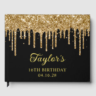 Gold Glitter Drips Black 16th Birthday Guest Book