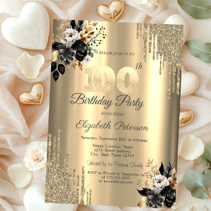 Gold Glitter Drips Black Roses 100th Birthday  Invitation