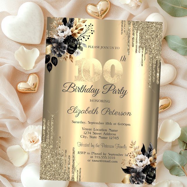 Gold Glitter Drips Black Roses 100th Birthday  Invitation (Creator Uploaded)