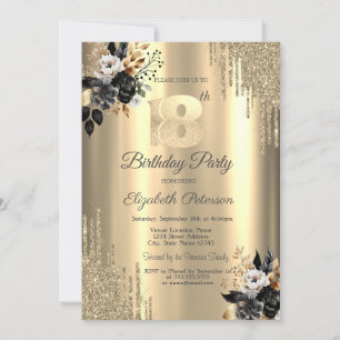 Gold Glitter Drips Black Roses 18th Birthday  Invitation