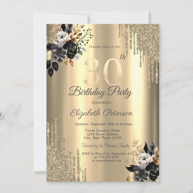 Gold Glitter Drips Black Roses 30th Birthday  Invitation (Front)
