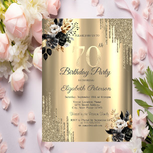 Gold Glitter Drips Black Roses 70th Birthday  Invitation
