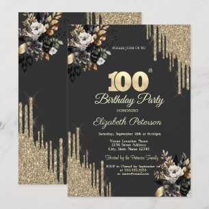 Gold Glitter Drips Black Roses Dark 100th Invitation