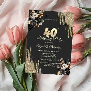 Gold Glitter Drips Black Roses Dark 40th Birthday Invitation
