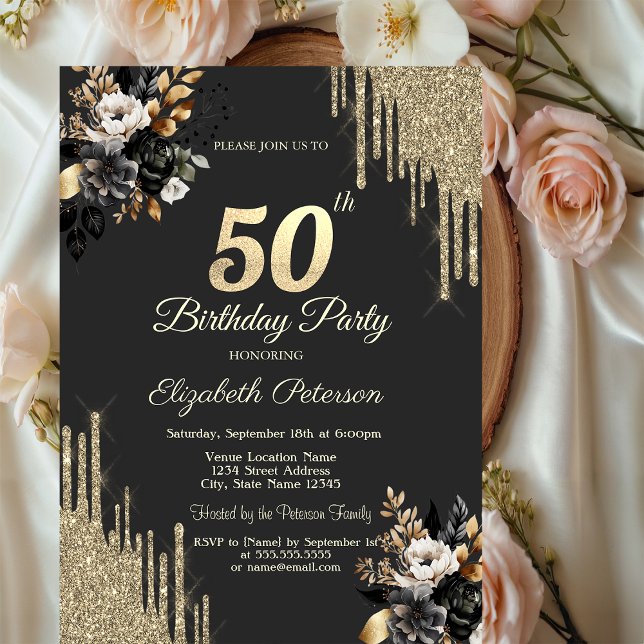 Gold Glitter Drips Black Roses Dark 50th Birthday  Invitation (Creator Uploaded)