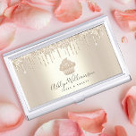 Gold Glitter Drips Cupcake Bakery Pastry Chef Chic Business Card Holder<br><div class="desc">Here’s a wonderful, trendy way to show off your brand. Present your best self to your clients, with this elegant, sophisticated, simple, and modern custom name business card holder. A sparkly, champagne gold cupcake, script handwritten typography and glitter drips overlay a faux metallic champagne gold ombre background. Personalize with your...</div>