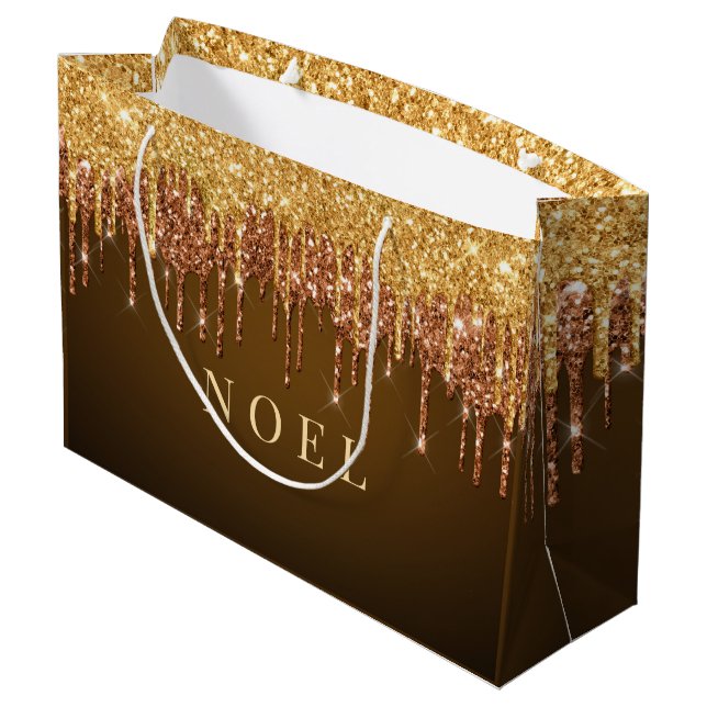 Gold glitter drips custom text large gift bag (Back Angled)