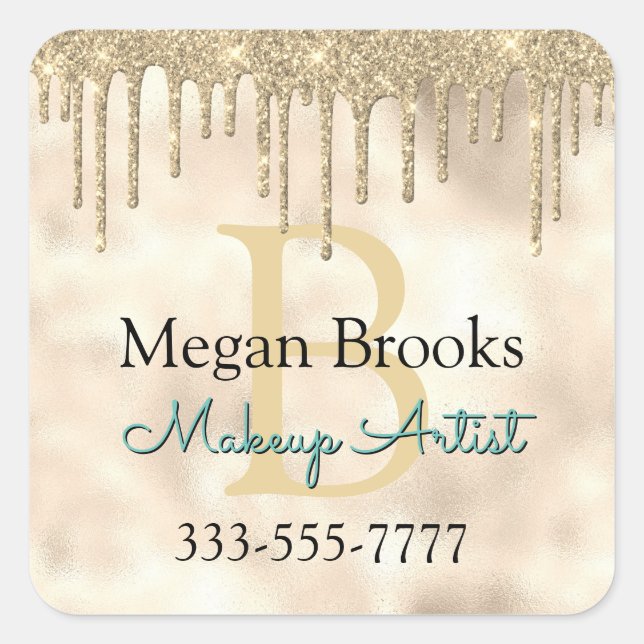 Gold Glitter Drips, DIY Name, Monogram Title Black Square Sticker (Front)