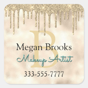 Gold Glitter Drips, DIY Name, Monogram Title Black Square Sticker