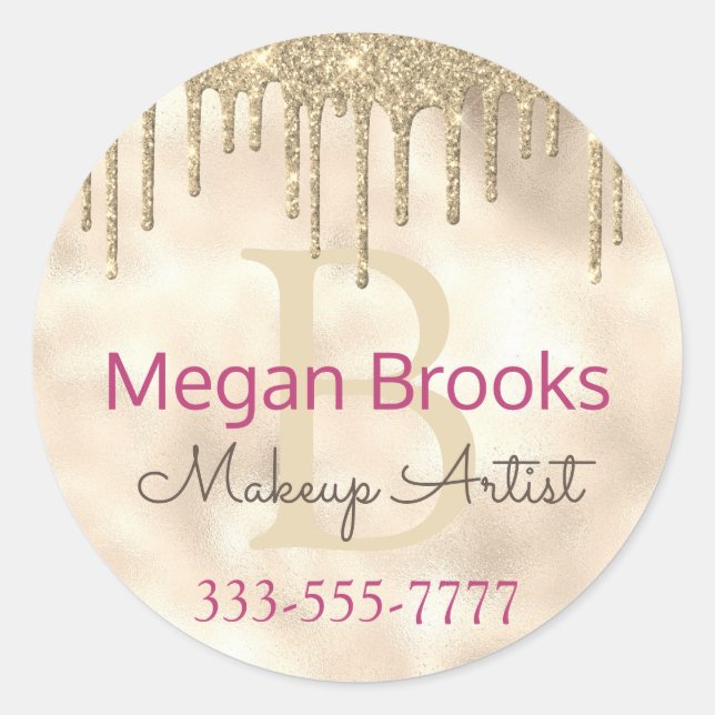 Gold Glitter Drips DIY Name Monogram Title Fuchsia Classic Round Sticker (Front)