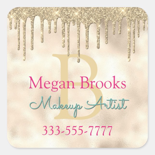 Gold Glitter Drips, DIY Name, Monogram Title Teal Square Sticker (Front)