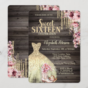 Gold Glitter Drips,Dress Boots Hat Wood Sweet 16  Invitation