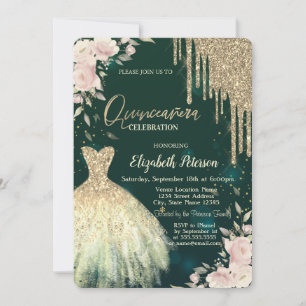  Gold Glitter Drips,Dress,Floral Green Quinceanera Invitation