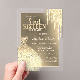 Gold Glitter Drips,Dress Glitter Sweet 16 Acrylic Invitations