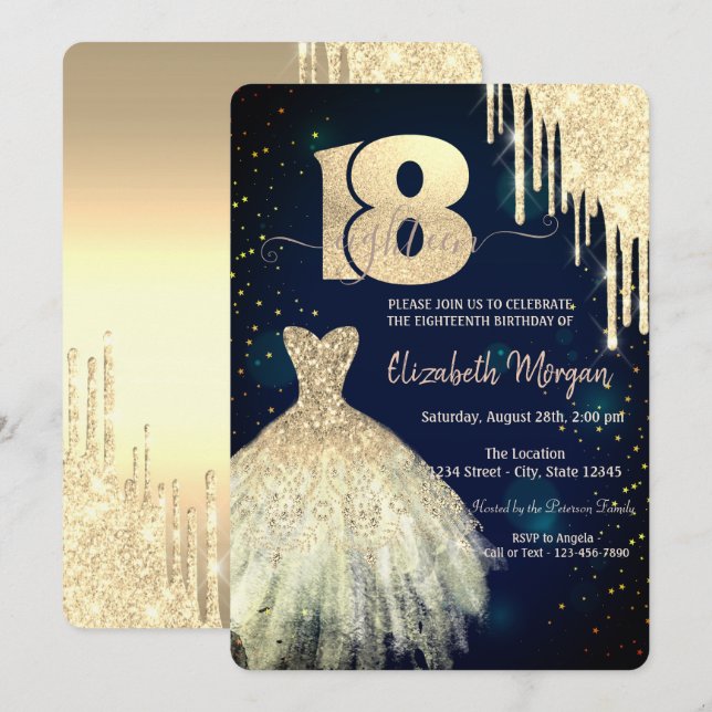 Gold Glitter Drips Dress Navy Blue 18th Birthday  Invitation (Front/Back)