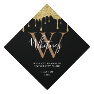 Gold Glitter Drips Elegant Script Monogram Graduation Cap Topper