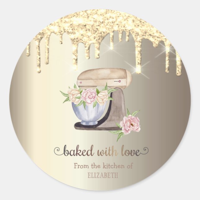 Gold Glitter Drips Floral Cake Mixer Classic Round Sticker (Front)