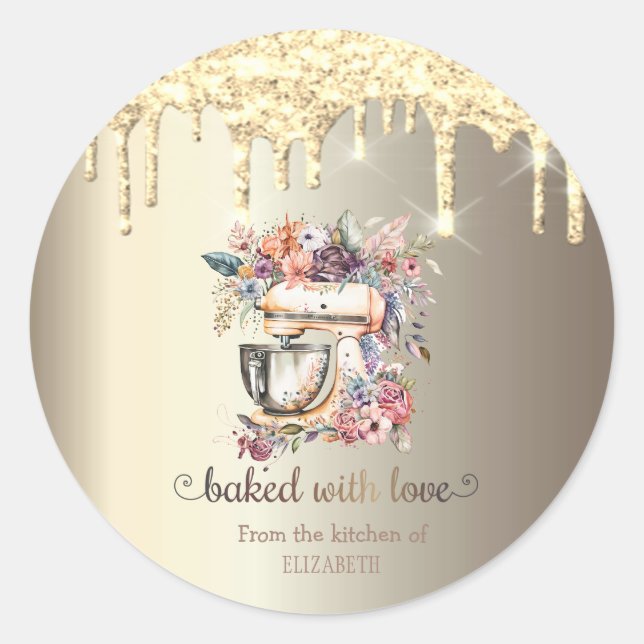 Gold Glitter Drips Floral Mixer Kitchen  Classic Round Sticker (Front)