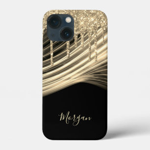 Gold Glitter Drips, Gold Light Rays, Gold Name iPhone 13 Mini Case
