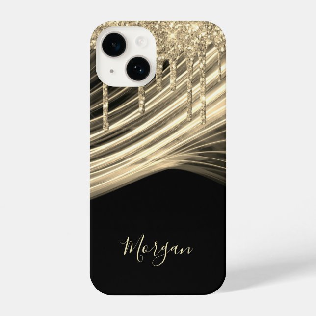 Gold Glitter Drips, Gold Light Rays, Gold Name iPhone Case (Back)