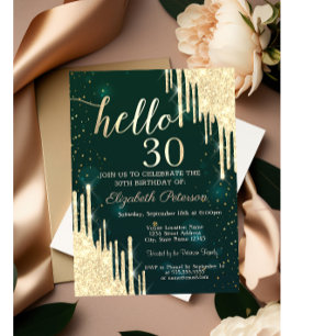 Gold Glitter Drips Green 30th Birthday Invitation