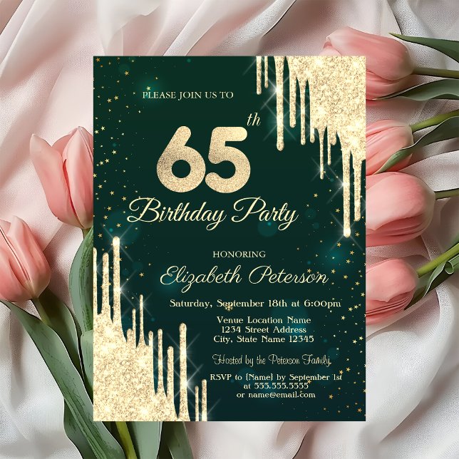 Gold Glitter Drips Green 65th Birthday  Invitation (Creator Uploaded)