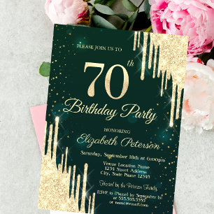 Gold Glitter Drips Green 70th Birthday  Invitation