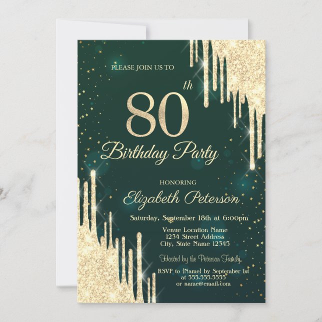 Gold Glitter Drips Green 80th Birthday  Invitation (Front)