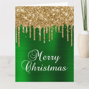 Gold Glitter Drips Green Foil Merry Christmas Card