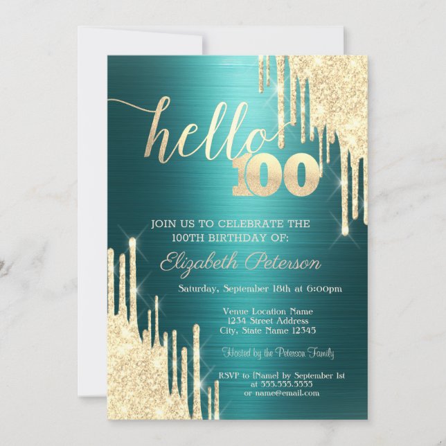 Gold Glitter Drips Green Metallic 100th Birthday Invitation (Front)