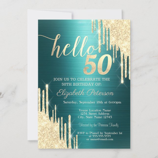 Gold Glitter Drips Green Metallic 50th Birthday Invitation (Front)