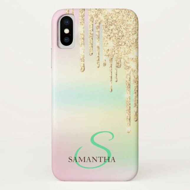 Gold Glitter Drips Holographic Iridescent Case-Mate iPhone Case (Back)