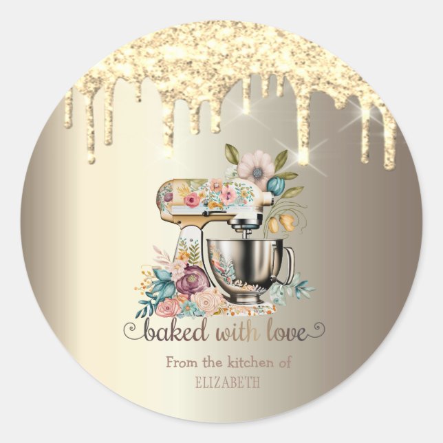 Gold Glitter Drips Mixer Flowers Bakery Classic Round Sticker (Front)