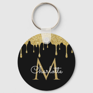 Gold Glitter Drips Monogram Elegant Chic Script Keychain