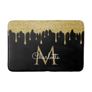 Gold Glitter Drips Monogram Elegant Girly Script Bath Mat