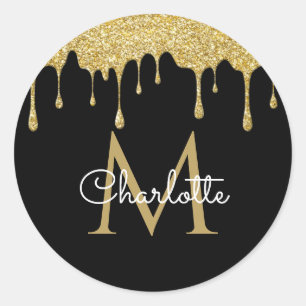 Gold Glitter Drips Monogram Elegant Girly Script Classic Round Sticker