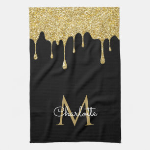 Gold Glitter Drips Monogram Elegant Girly Script Kitchen Towel