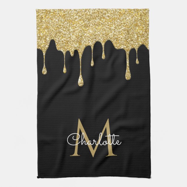 Gold Glitter Drips Monogram Elegant Girly Script Kitchen Towel (Vertical)