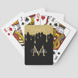 Gold Glitter Drips Monogram Elegant Girly Script Playing Cards