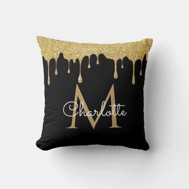 Gold Glitter Drips Monogram Elegant Script Black  Throw Pillow (Front)