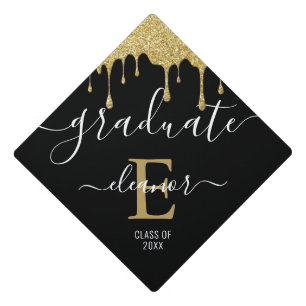 Gold Glitter Drips Monogram Name Date Graduation C Graduation Cap Topper