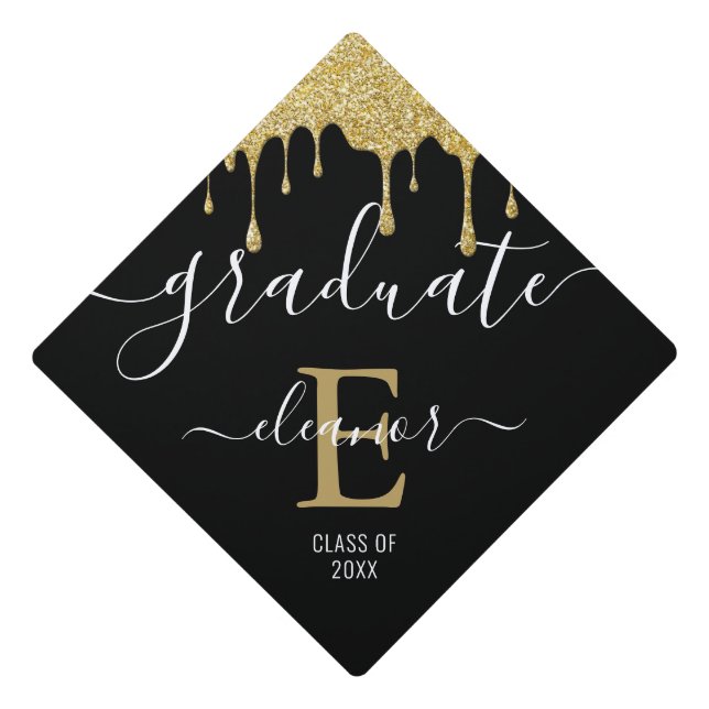 Gold Glitter Drips Monogram Name Date Graduation C Graduation Cap Topper (Front)