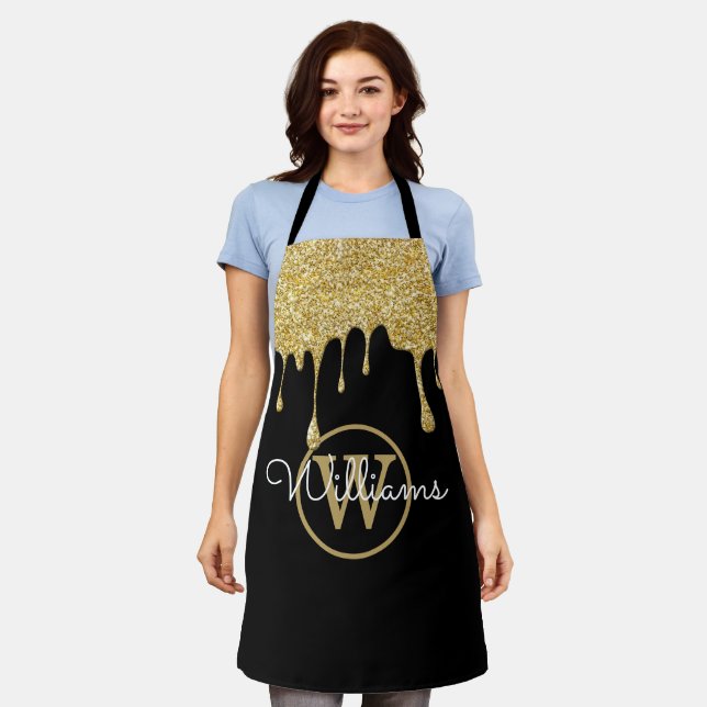 Gold Glitter Drips Monogram Script Black Apron (Worn)